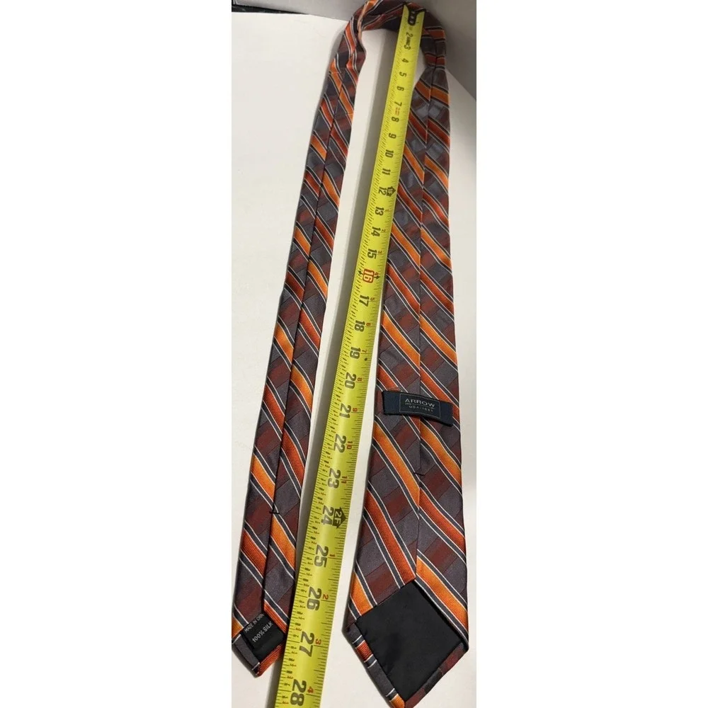 Arrow Mens Silk Necktie Orange Grey Brown Striped Formal Business Tie